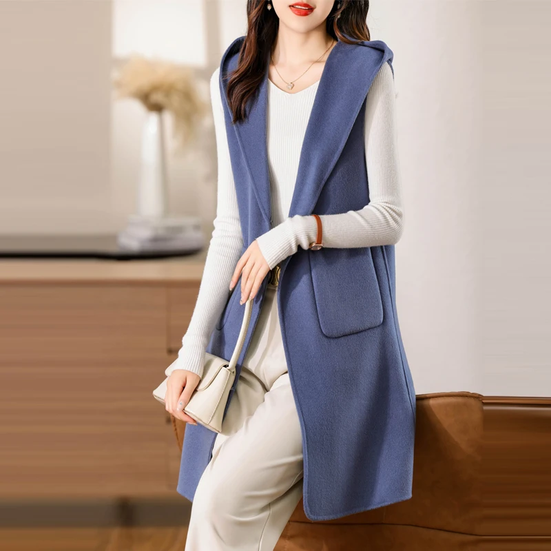 Ladies' 100% Cashmere Thick Double sided Hooded Vest Coat Classic Multi functional Fashion Suitable for Business and Leisure