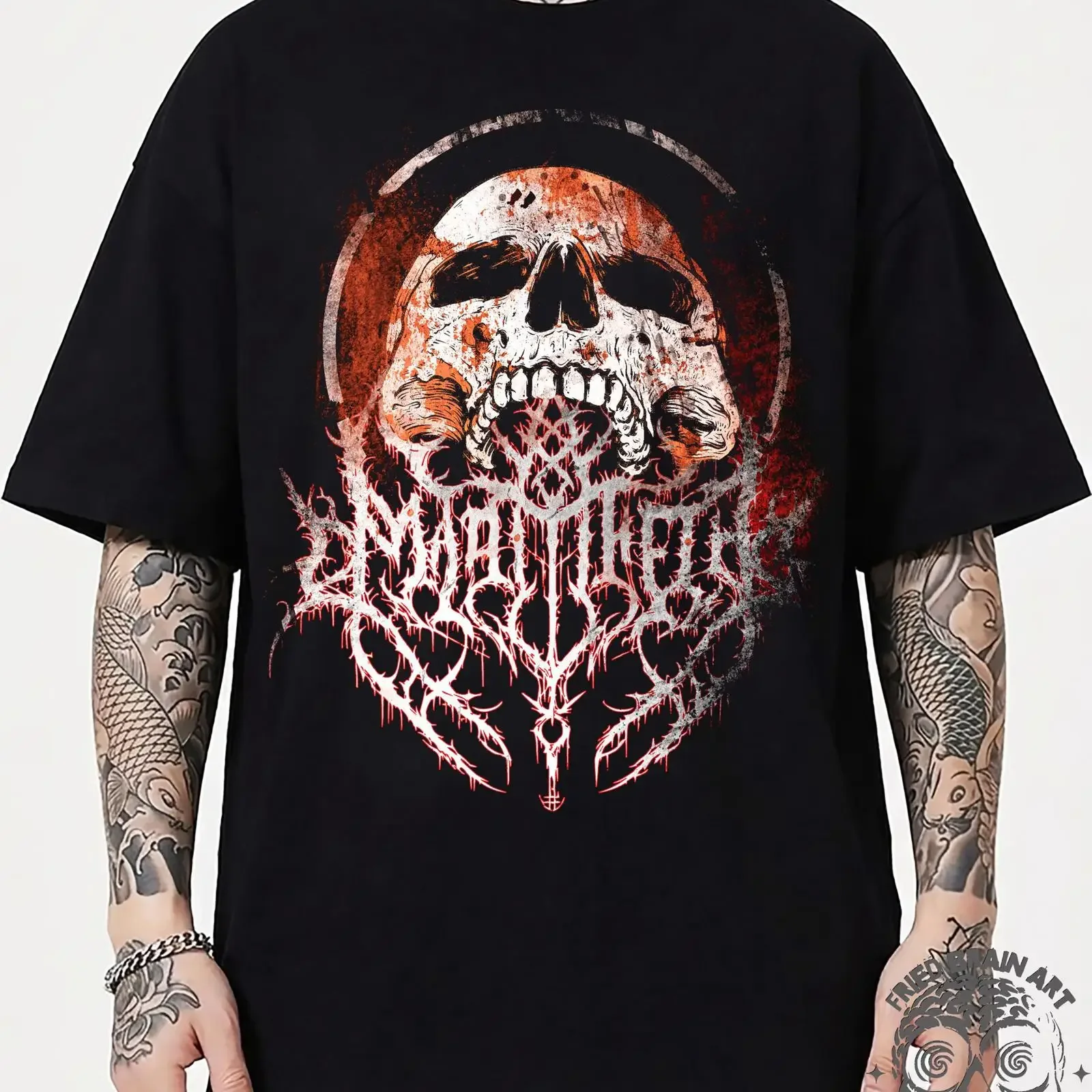 Brutal Dark Calligraphy Skull T Shirt Rock and Roll  vintage Washed fashion homme Top For Everyday Wear Breathable Unisex