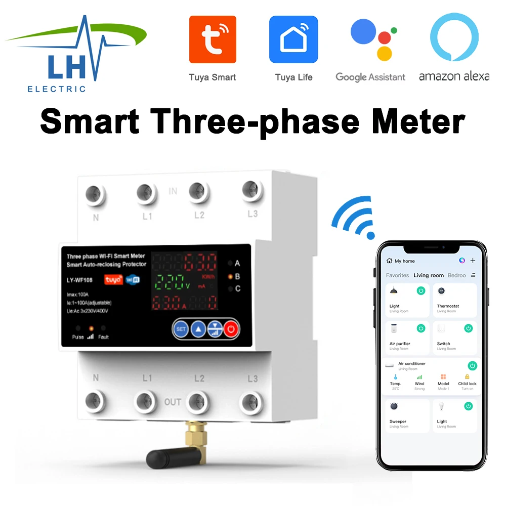 4P 100A Tuya WiFi Three Phase Smart Life Auto-Reclosing Over Under Voltage Protector Smart Meter Timer Switch Circuit Breaker