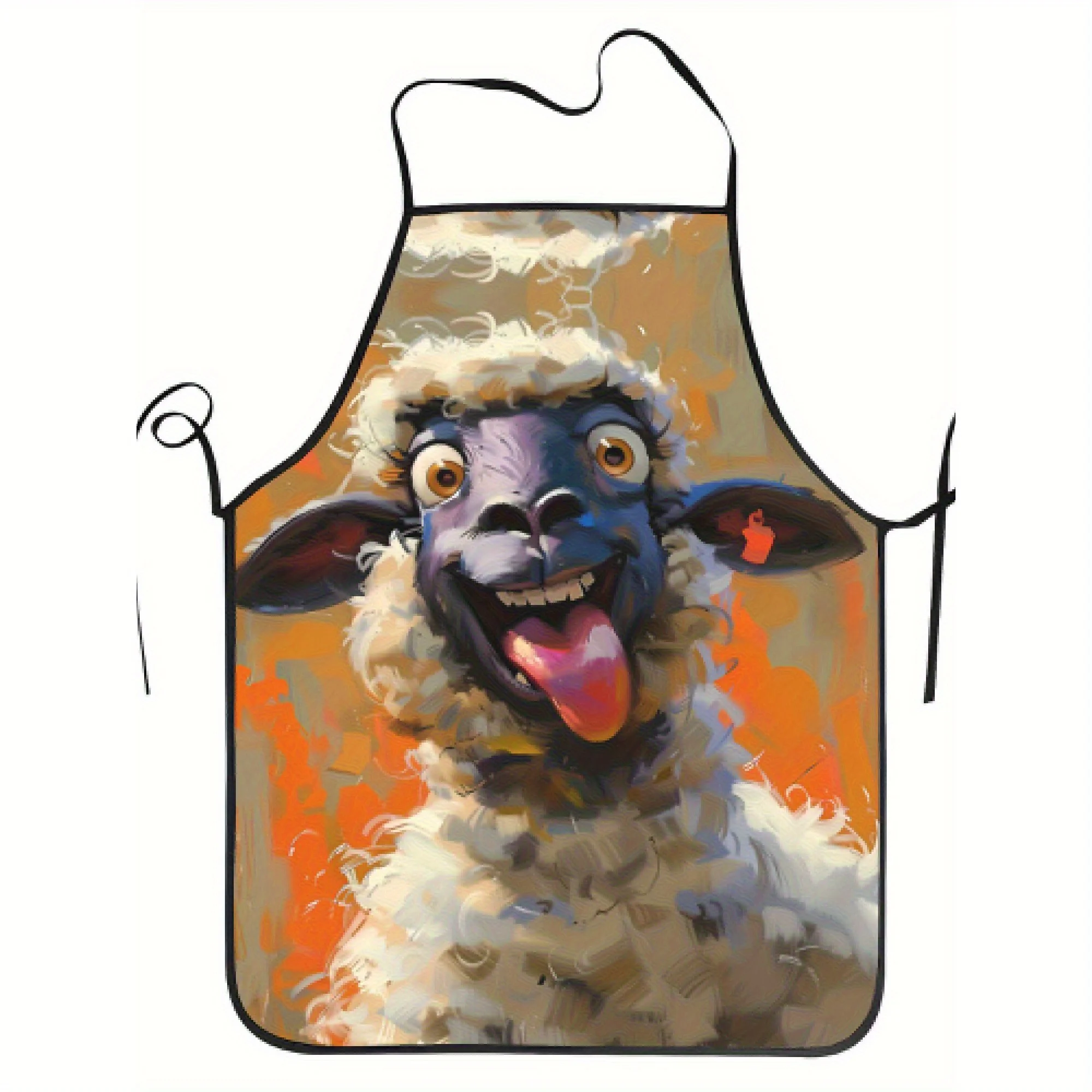 Whimsical Farm Animal Apron - Cartoon Sheep Design with Playful Expression, Adjustable Neck & Waist Ties, Durable Polyester, Per