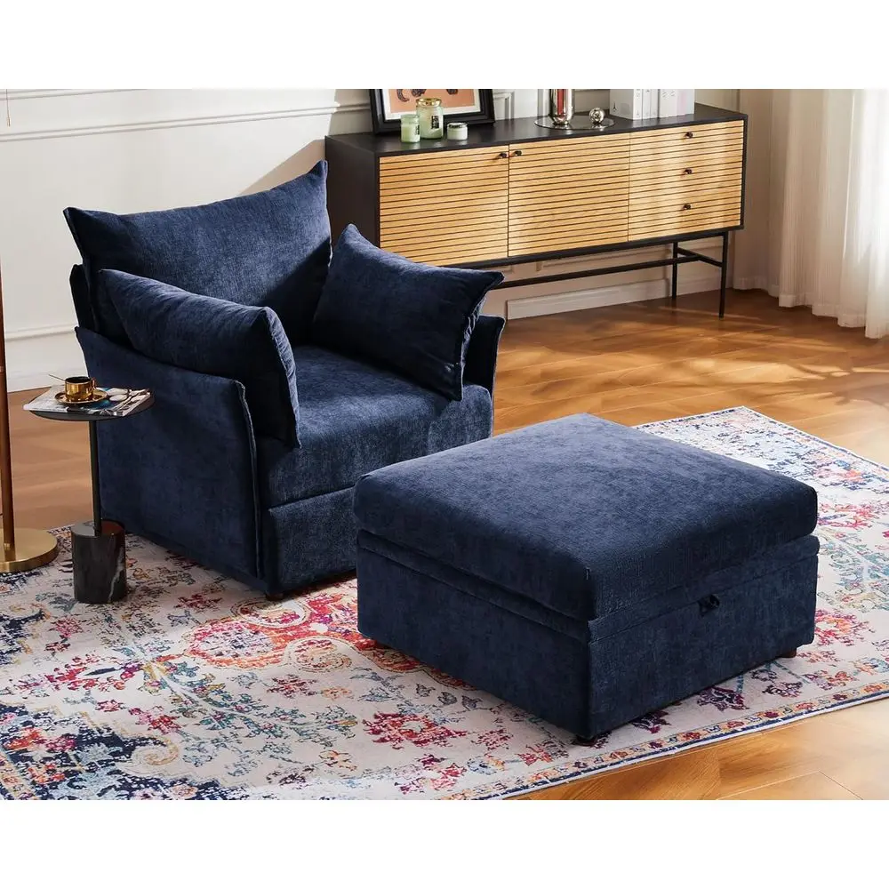 

Blue Chenille Accent Chair with Storage Ottoman, Washable Cover, Suitable for Living Room, Bedroom, Pet-Friendly