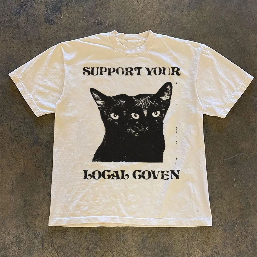 

Printed Three Eyed Cat Cartoon Pattern Women's Round Neck Top Street Cute Retro Style 90s Casual Women's Popular White T-Shirt