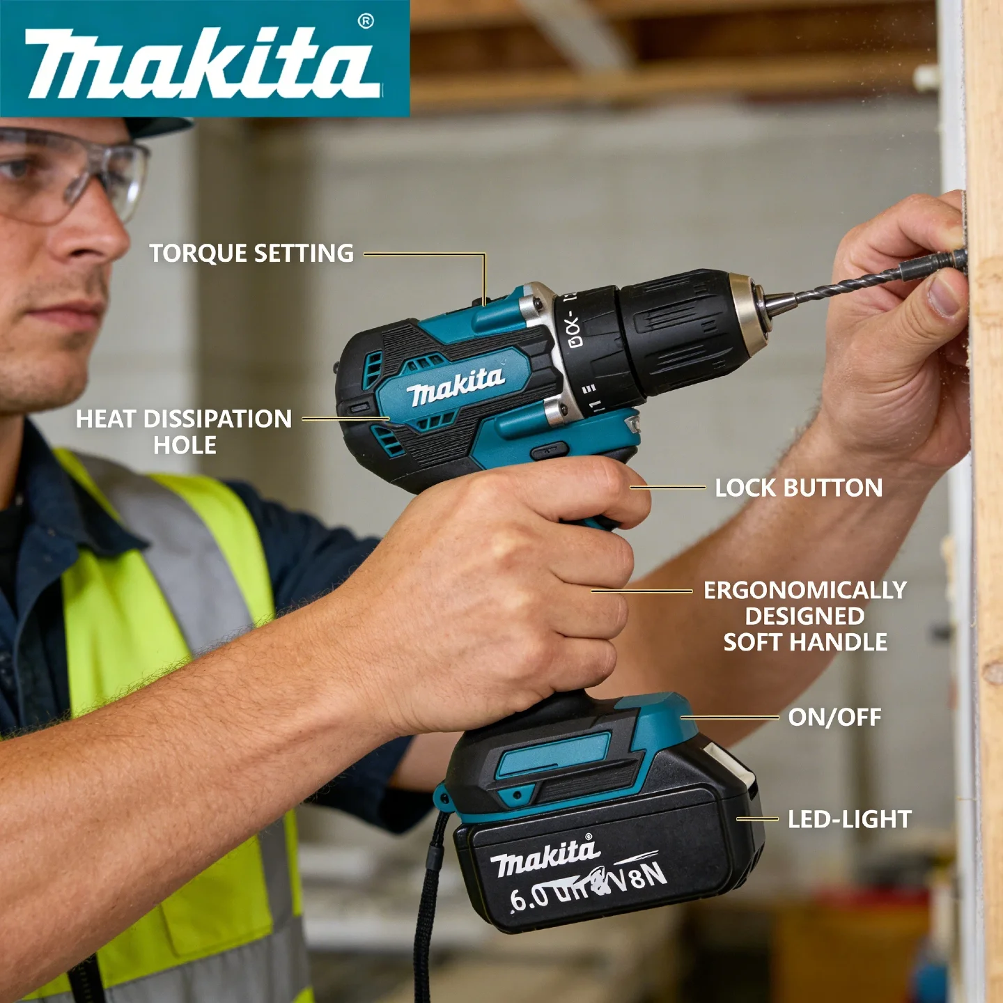 

Ударная дрель Makita DDF487, бесщеточная, 18В, литиевая батарея, аккумуляторная ударная дрель, высокомоментный электрический шуруповерт, инструмент