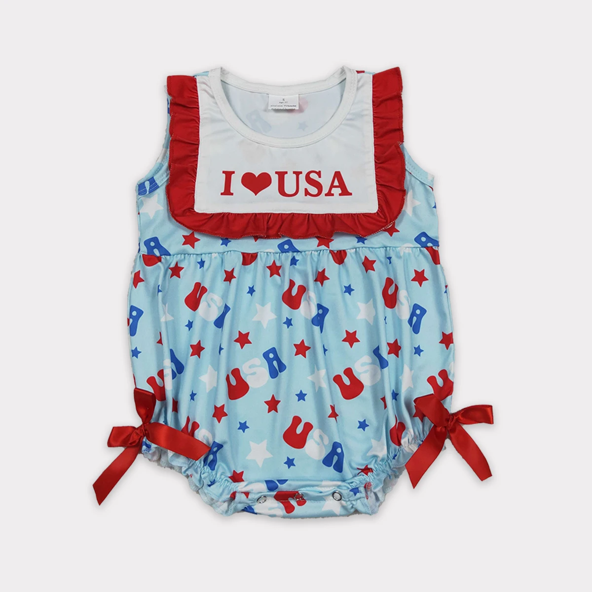 Newborn Baby Girl Sleeveless I Love USA Stars 4th of July Ruffle Romper Boy Clothes Bubbles Kids Children Clothing Wholesale