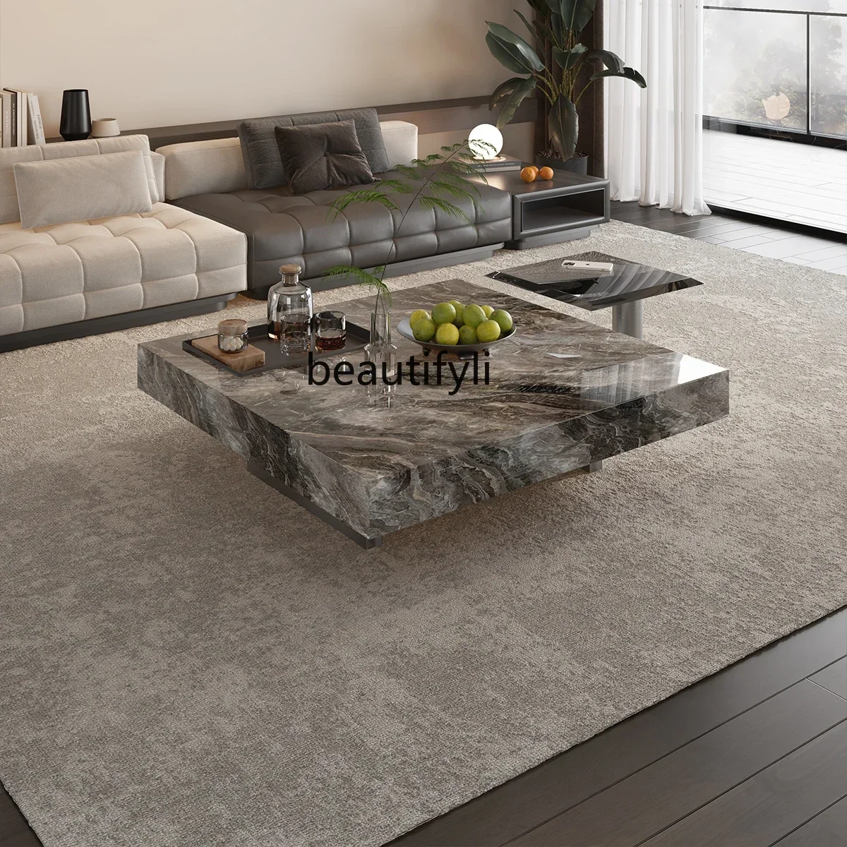 

A16 Natural marble square suspended coffee table rock slab Italian light luxury glass edge table household high-end sense