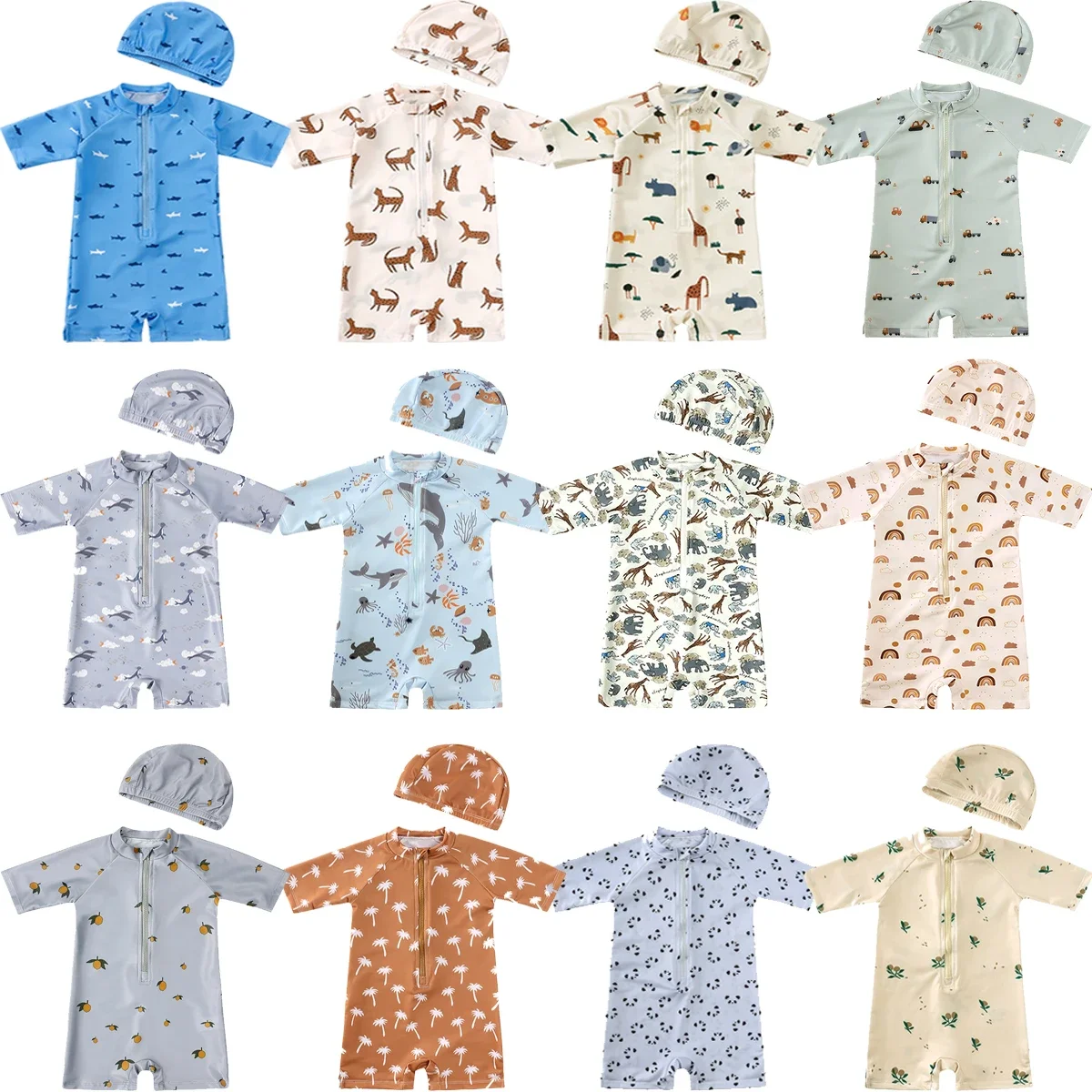 1-8T الاطفال لباس سباحة مجموعات الصيف طباعة الكرتون الحيوان شاطئ شاطئ البحر الملابس طفل رومبير قبعة مطابقة حمامات الشمس ملابس السباحة