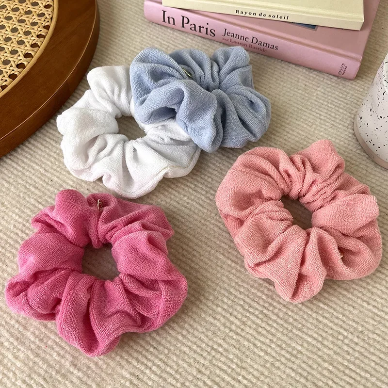 Solid Soft Plush Wide Head Rope Womens Girls Ponytail Holder Hair Tie Fluffy Rubber Band Towel Fabric Hair Band Hair Accessories