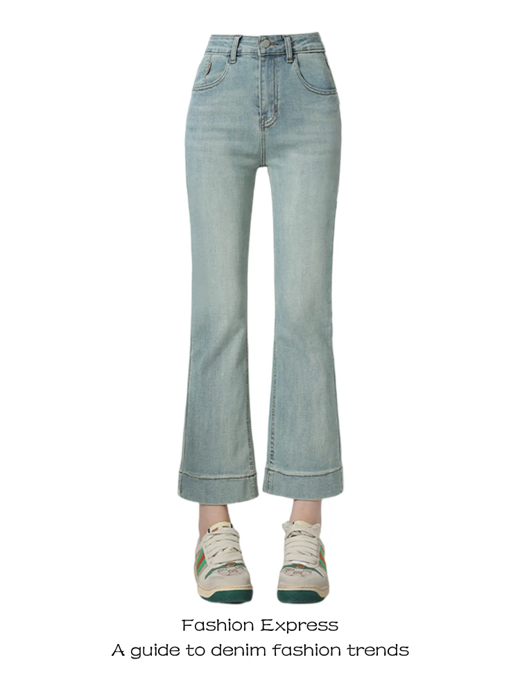 

Светло-голубые джинсы-клеш с высокой талией для женщин, весна-осень-зима, новые, маленькие размеры, прямые брюки-трубы