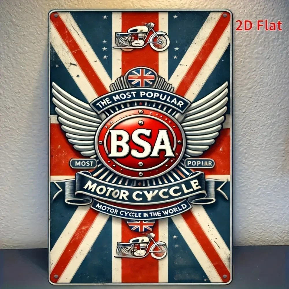Vintage Bsa Motorcycle Tin Sign, One-Piece, Retro British Flag Metal Wall Art, Featuring a Winged Design and the Text 