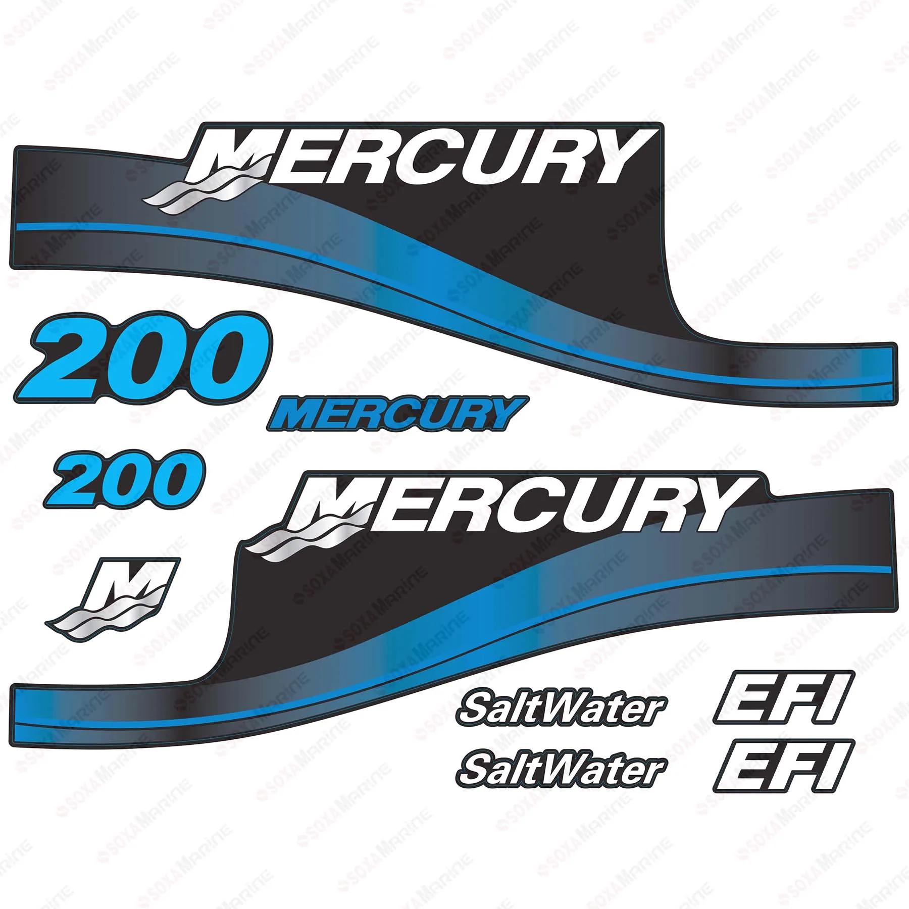 Blue Decal Kit Sticker Set for Mercury 200 HP EFI SaltWater Outboard Engine Reproduction 200hp EFI SaltWater