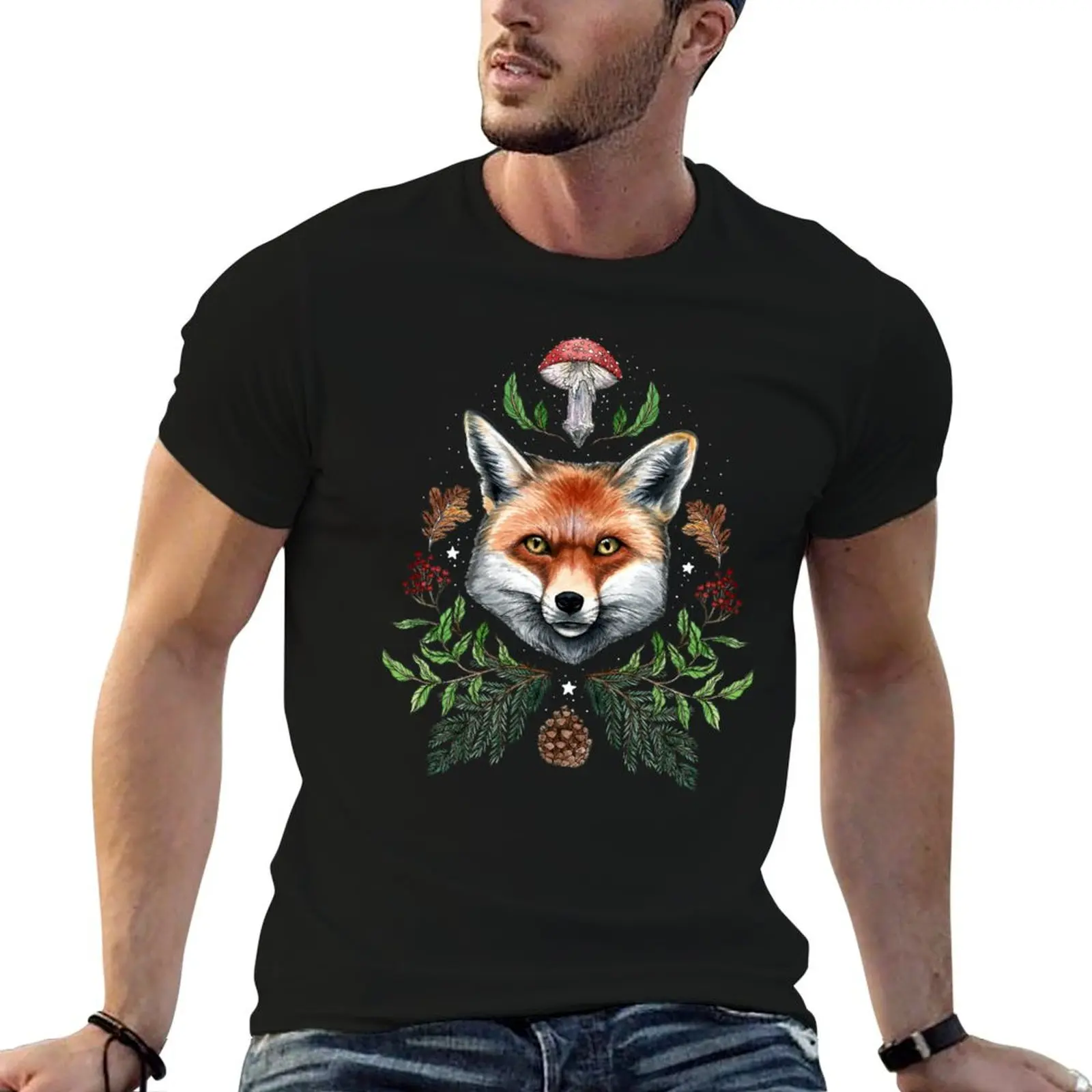 

Forest fox witches mushroom design T-Shirt t shirt man cotton t shirts for man cotton funny T-Shirt