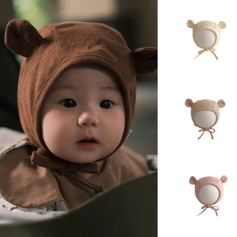 

Kiorean Fashion Style Baby Boy Girl Ear Flap Hat |ream Beige Bear Ears Pull-On Bonnet with Ties for Newborn Photo Phoro Pajjkoer