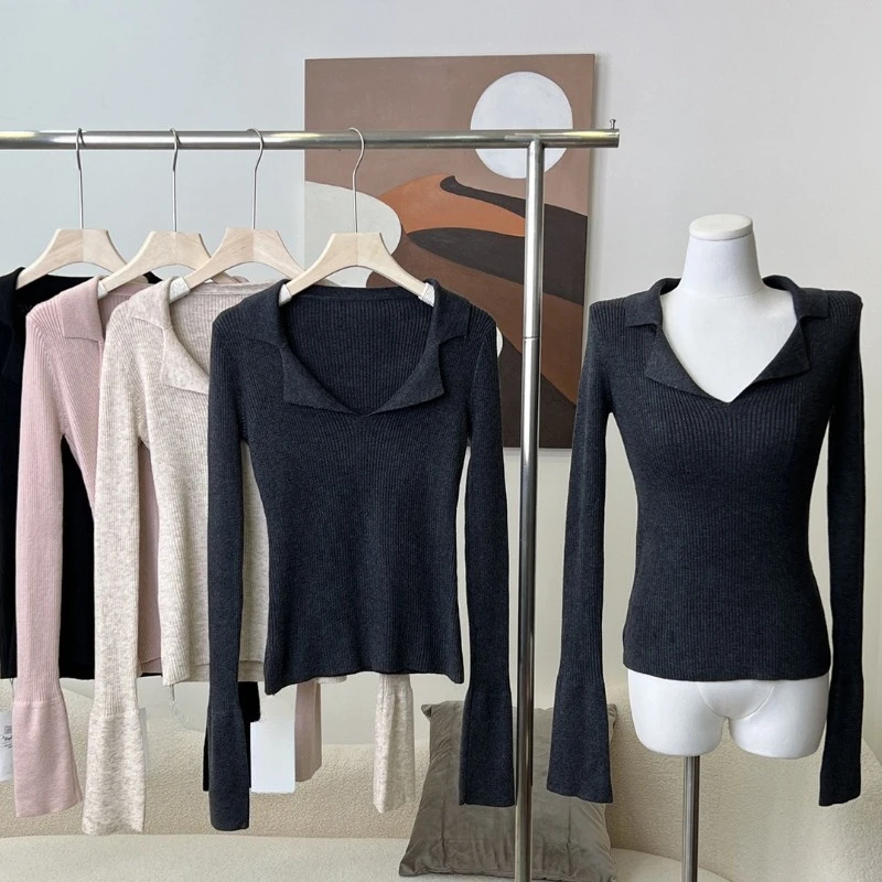 

Весенне-осенняя узкая трикотажная рубашка с v-образным вырезом, женский пуловер, свитер, топы, женские эластичные тонкие рубашки с длинными рукавами, трикотаж