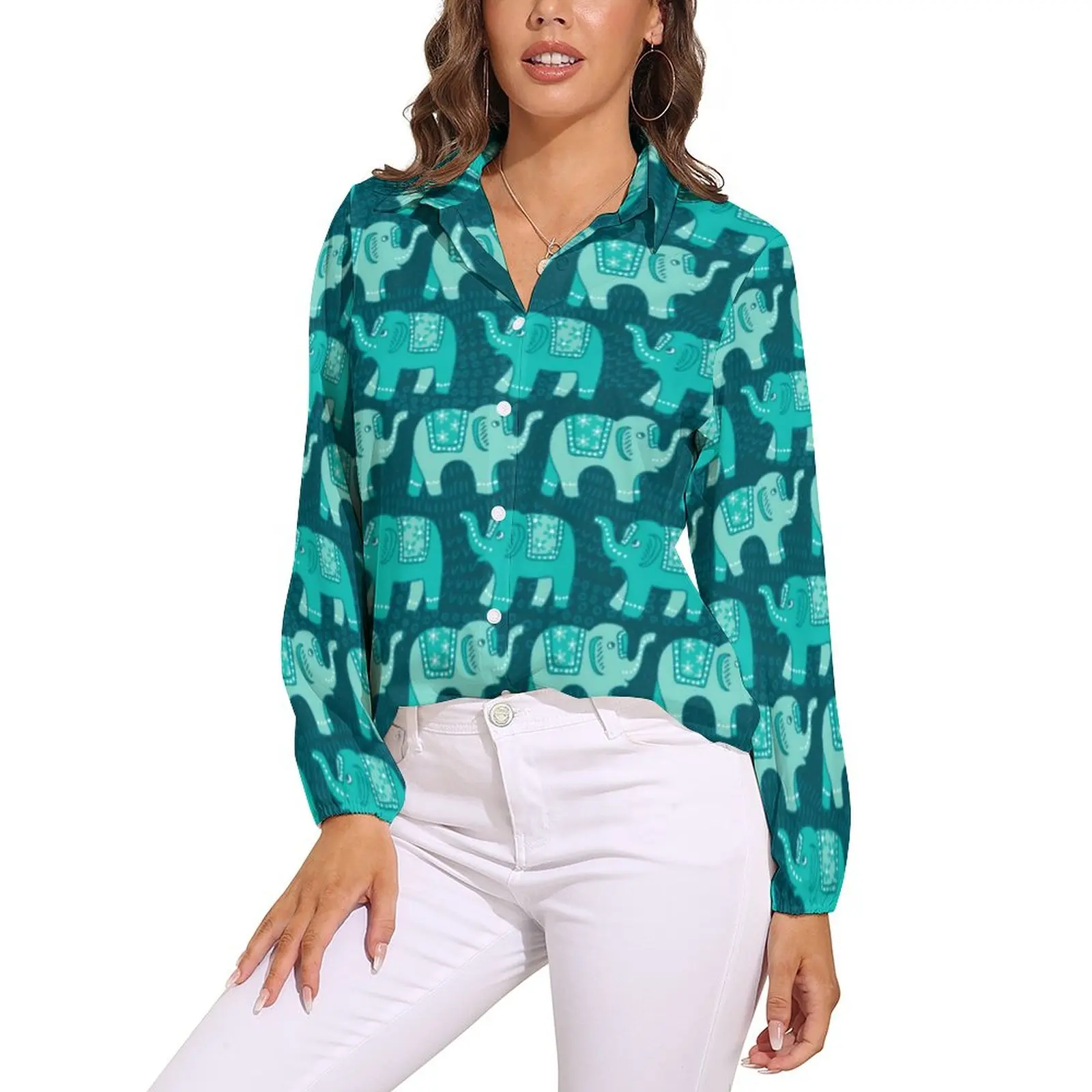 

Teal Floral Elephant Blouse Paisley Animal Print Street Style Loose Blouses Long-Sleeve Cute Shirt Graphic Tops Big Size 2XL 3XL