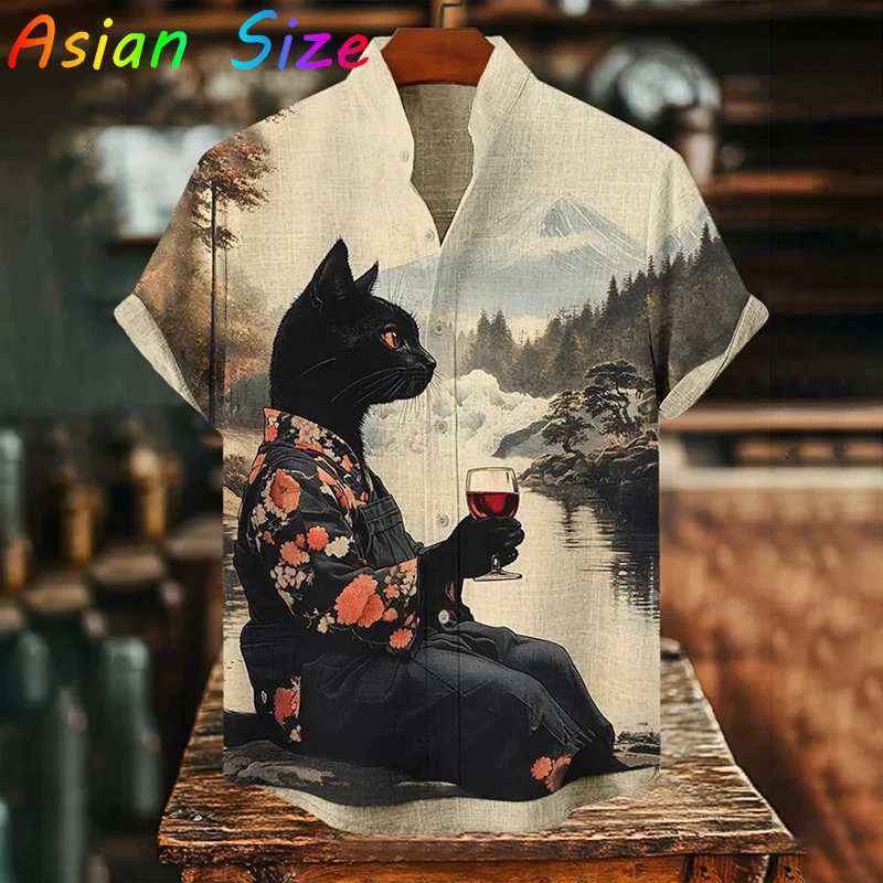 

Мужские рубашки с графическим принтом кота, винтажный японский стиль, с коротким рукавом, на пуговицах, с отложным воротником, из полиэстера, для отпуска, гавайские рубашки