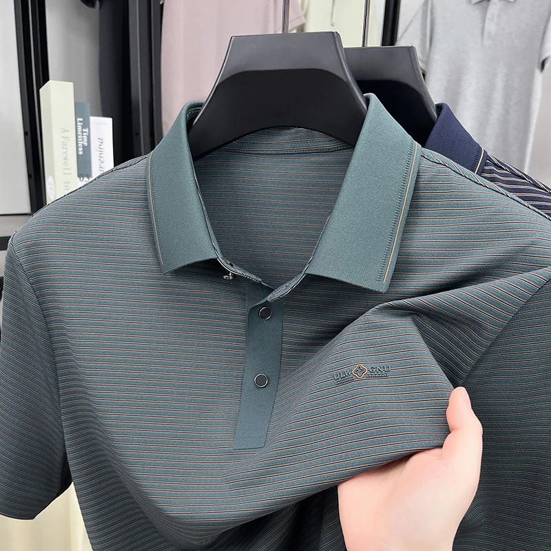 

Новая летняя мужская рубашка-поло против морщин и утюга с лацканами и полосками, высококачественная деловая повседневная дышащая мужская одежда