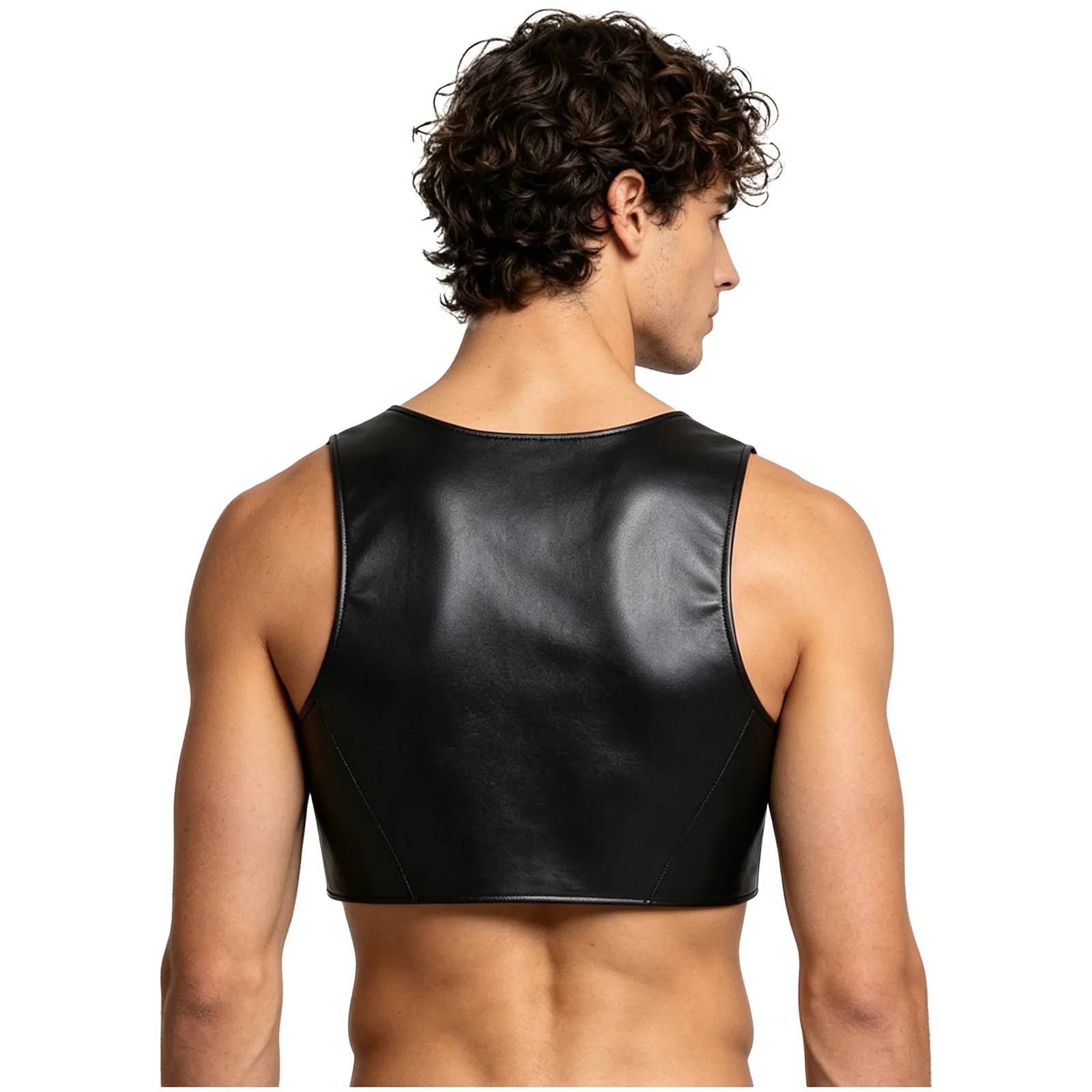 Chaleco corto de cuero sintético mate con cremallera frontal para hombre, estilo motero, ropa de club, ropa exterior para motocicleta, cuello cuadrado bajo, chaleco de discoteca, disfraz de discoteca