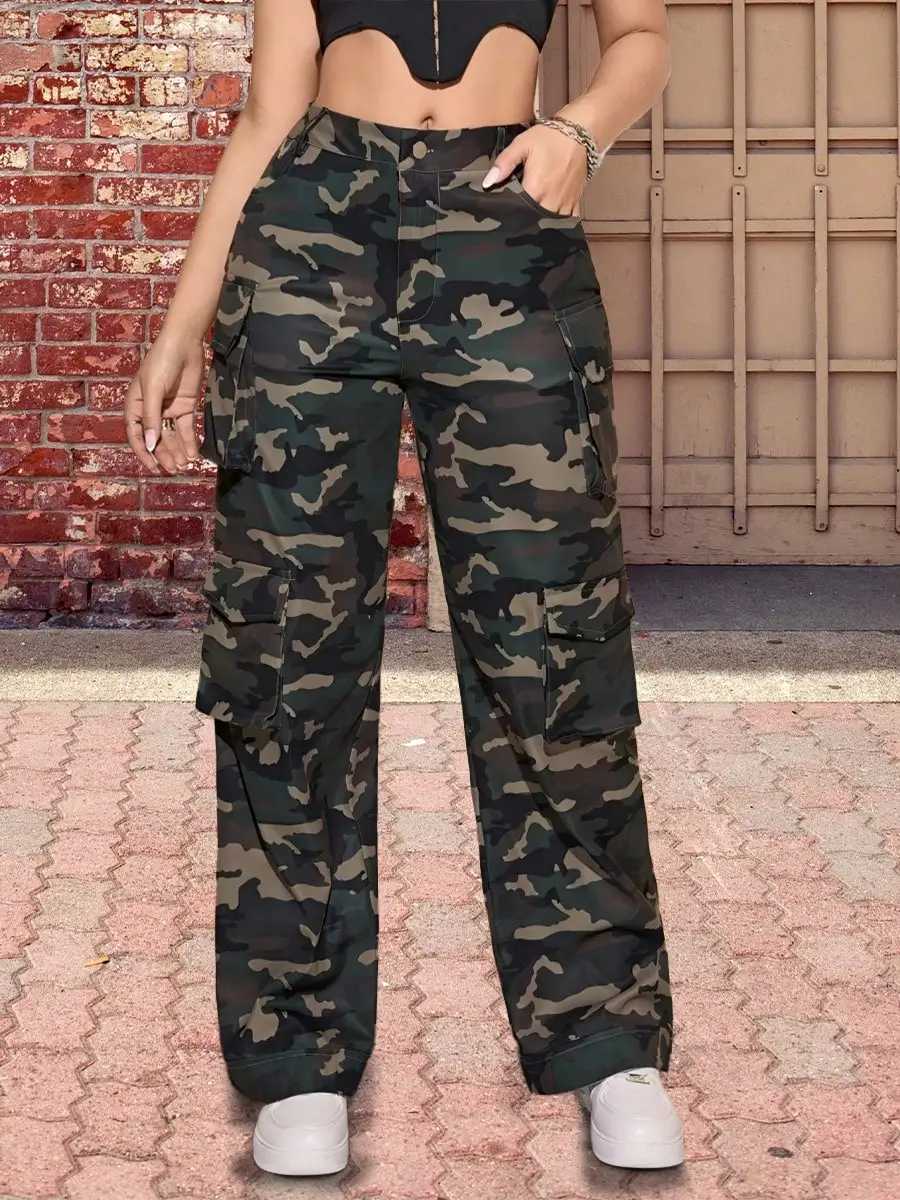 2024 Women's Military Green Camo Jeans - Flip-Top Pocket Tactical Pants  High Waisted Cargo Joggers for Outdoor Party