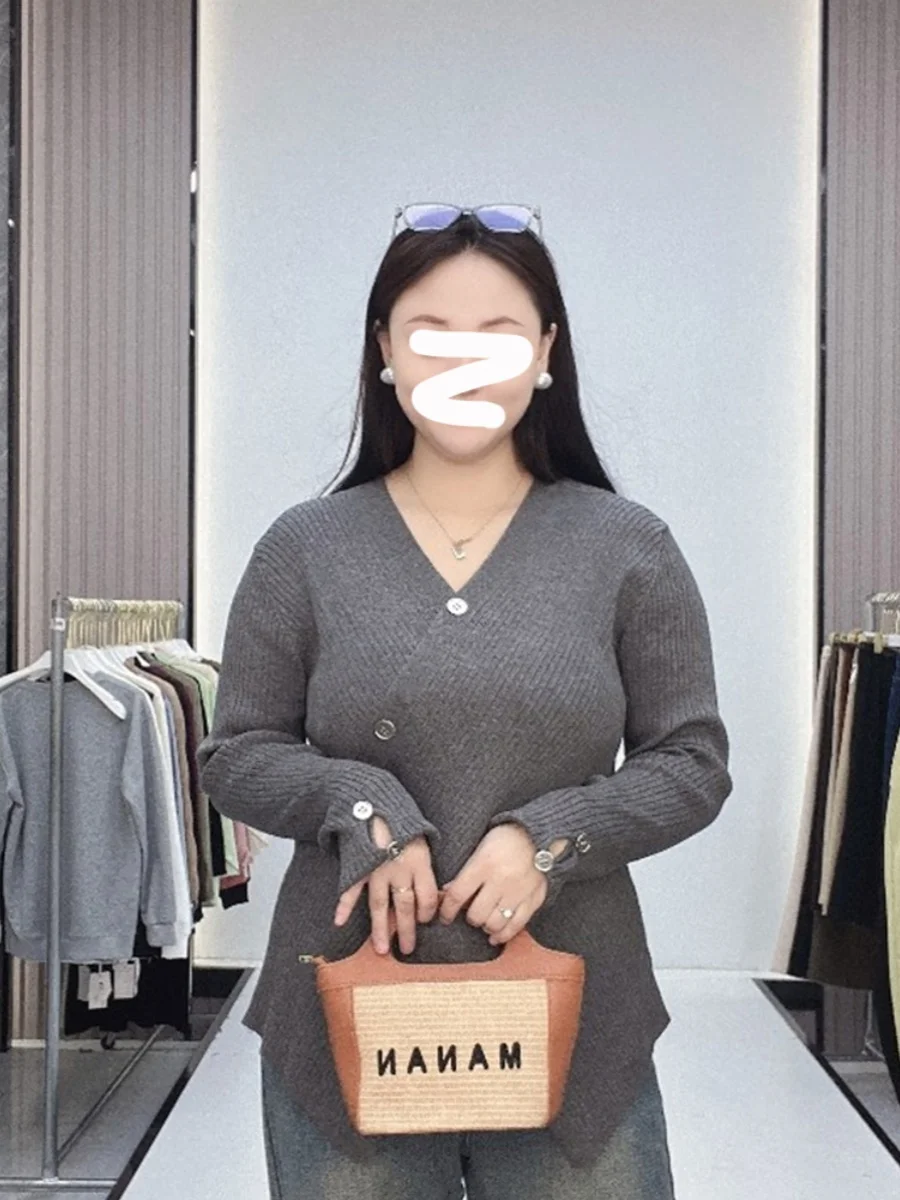 

plus Size Women's Fashionable Slimming V-Neck Long Sleeve Cross Knitted Sweater Spring New Style Korean Style Commute Wind
