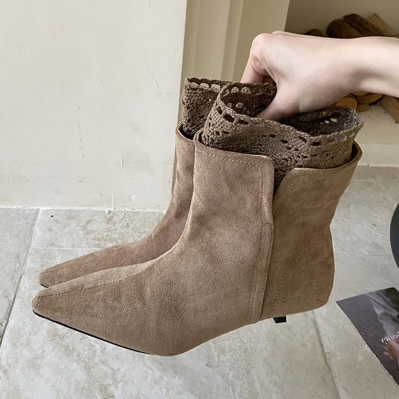 

Eilyken New Design Mesh Splicing Pointed Toe Ankle Boots Women Thin Low Heels Shoes Fashion Banquet Party Short Botas Mujer