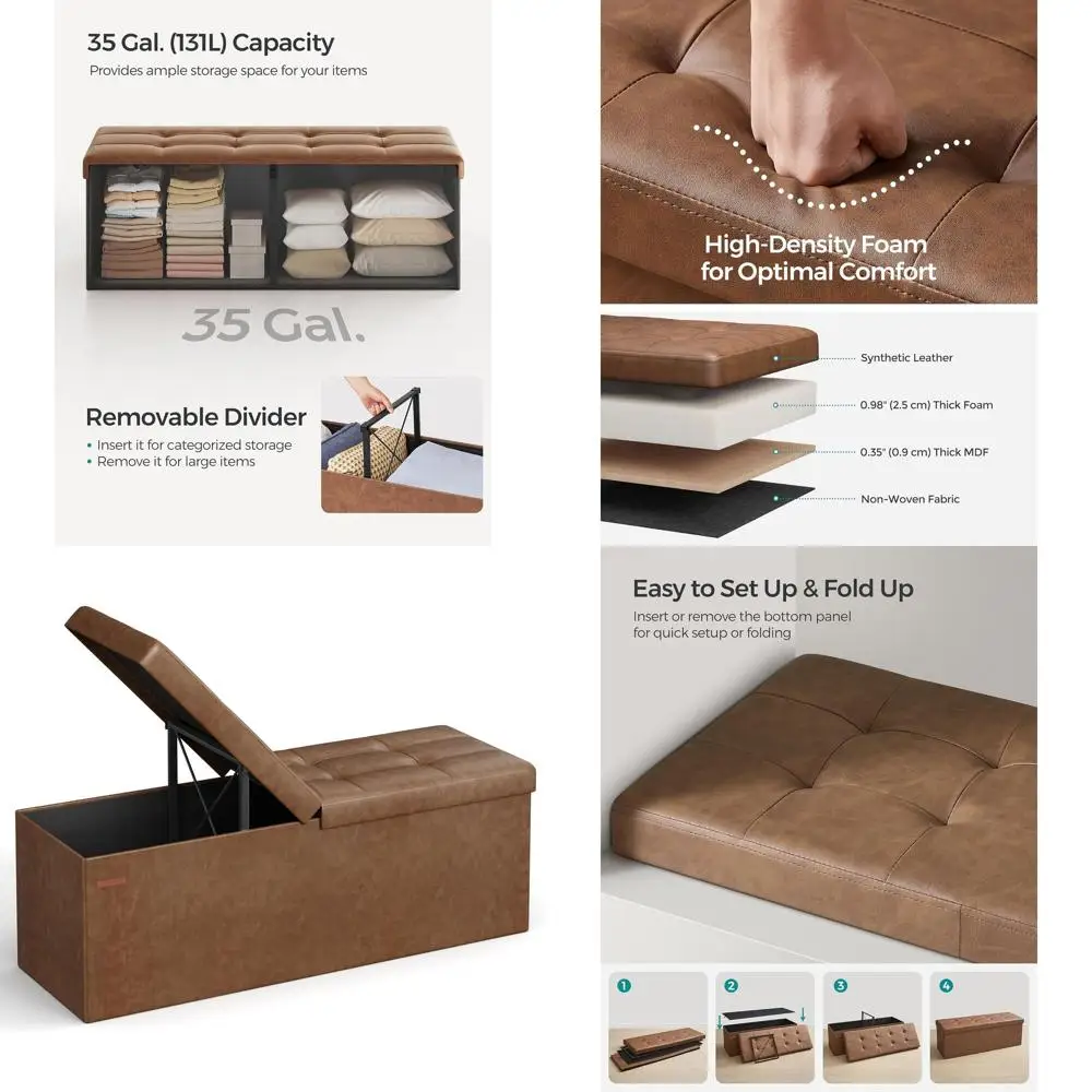 

Пуфик для хранения 43, с подъемной крышкой, железный каркас, вместимость 660 фунтов, синтетическая кожа, кофейно-коричневый