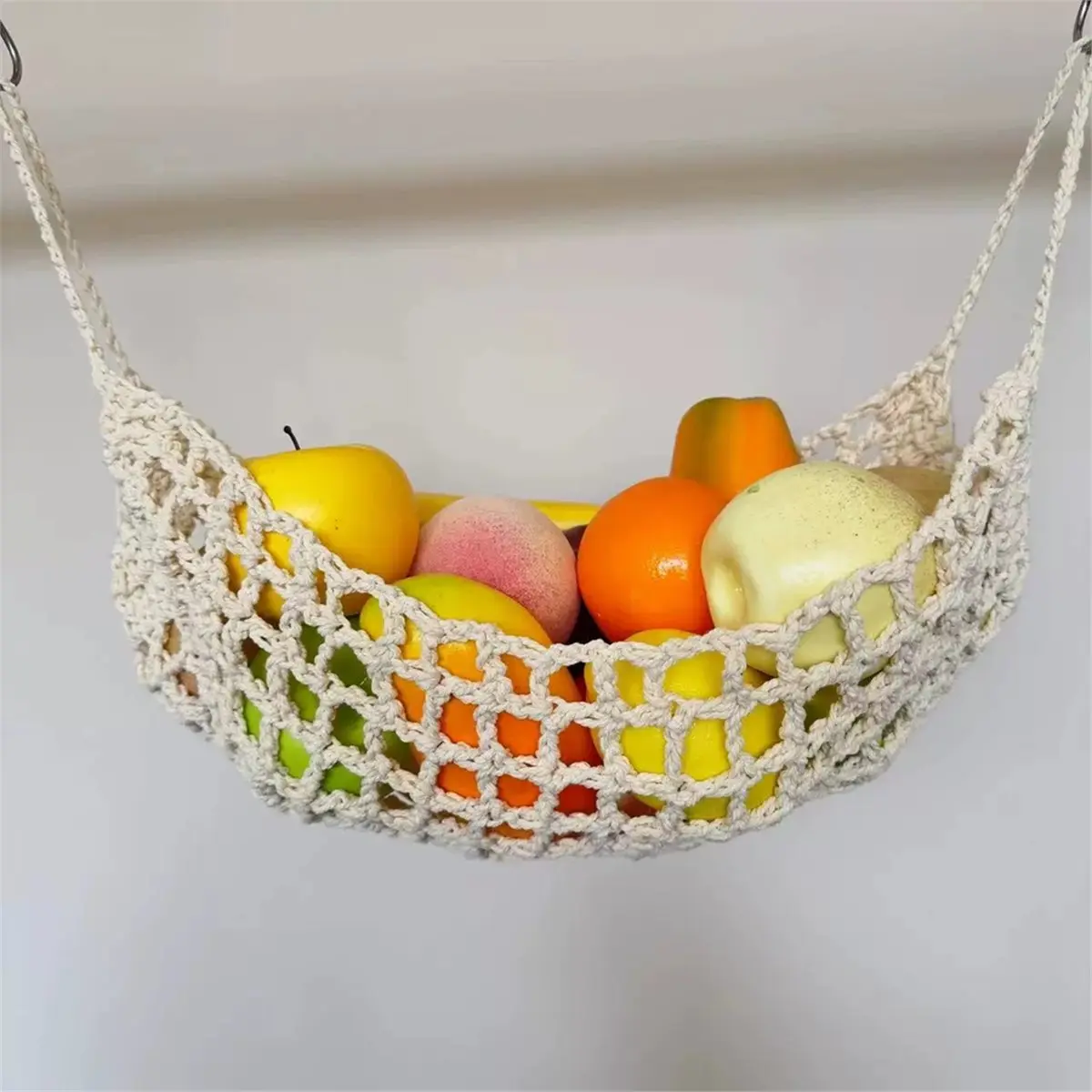 (A02R] Hanging Fruit Hammock Under Cabinet with Hooks Fruit and Veggie Basket Storage That Saves for More Counter Space