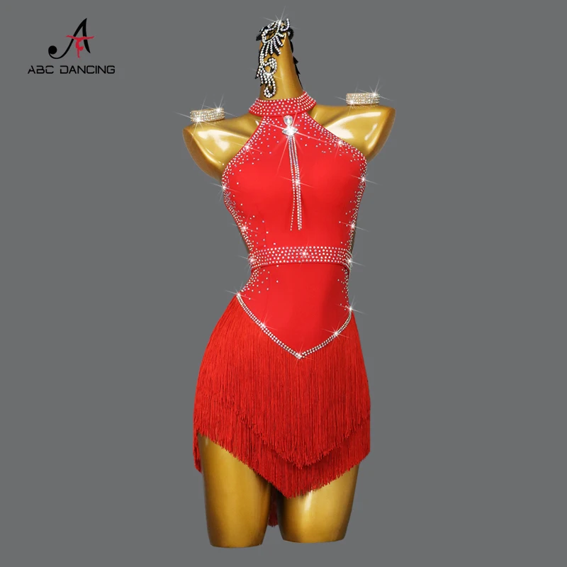 Vestido feminino vermelho de dança latina com pendão, saia sexy para competição adulta, roupa feminina, fato de festa esporte Cha-Cha, novo, 2024