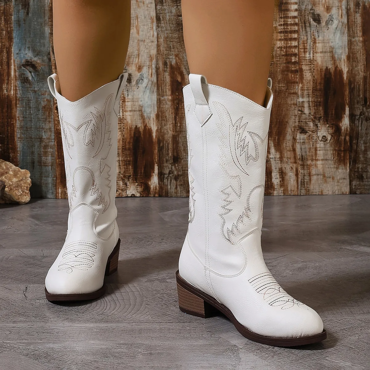 Embroidered White Western Boots Women Autumn New Slip on High Heels Cowboy Boots Woman Plus Size 43 Pointed Toe Mid Calf Botas