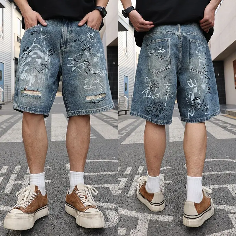 

2025 Summer Graffiti Retro Blue Jeans Men Straight Leg Loosen Fit Denim Shorts Man
