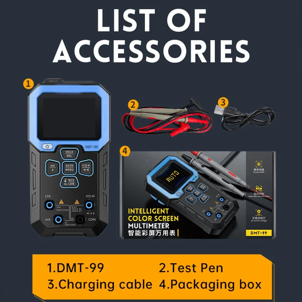 For FNIRSI DMT-99 Digital Multimeter 9999 Count Smart Tester 1000V 10A True RMS Auto-range AC DC Ohm Hertz Capacitance