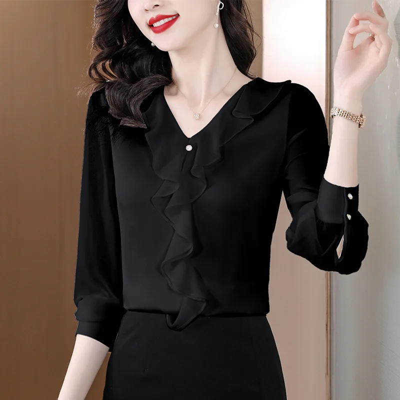 #2535 Summer Black White Office Chiffon Blouse Women Regular Fit Thin Elegant V-neck Ruffles Womens Tops And Blouses Long Sleeve