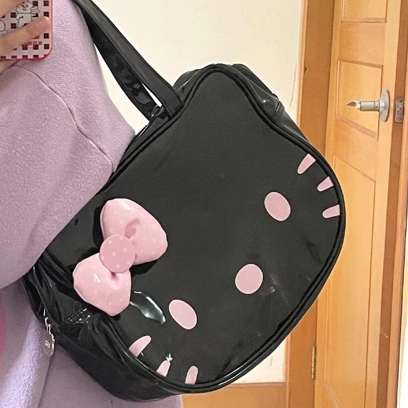 Kawaii Sanrio Hello Kitty Handbag Cute Cartoon Bow Student Large Capacity PU Shoulder Bag Girl Multifunctional Anime Storage Bag
