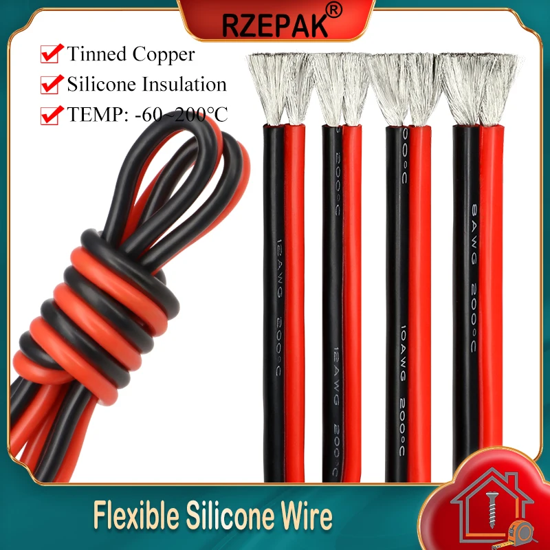 1~10m Flexible Silicone Cable Red Black Car Battery Wiring 30 28 26 24 22 20 18 16 14 12 10 8AWG Heat-resistant Electrical Wire