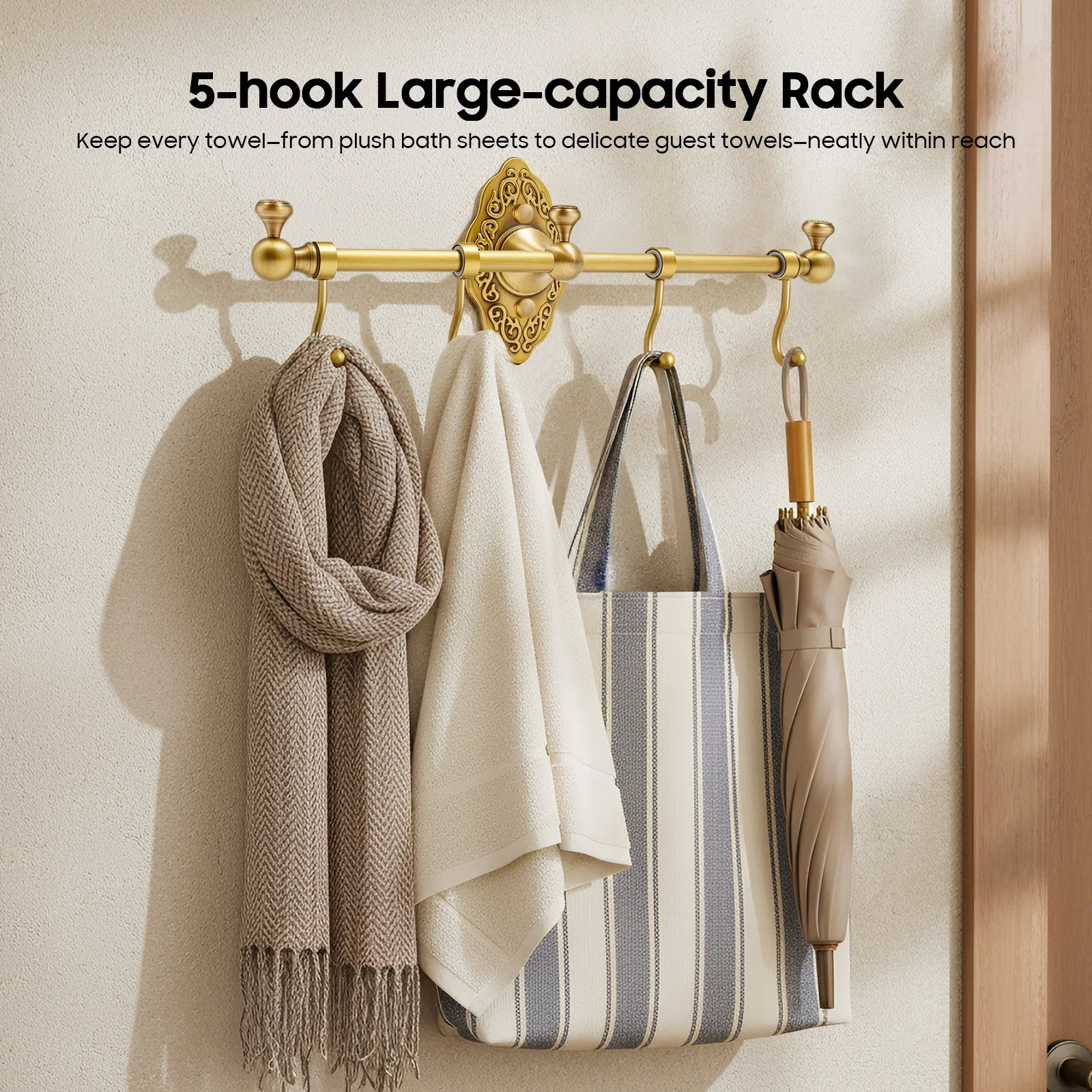 

Retro Gold Towel Rack with Hooks, Wall-Mounted Brass Multifunctional Hanging Rack, for Bathrooms, Balconies, Toilets, Hotels
