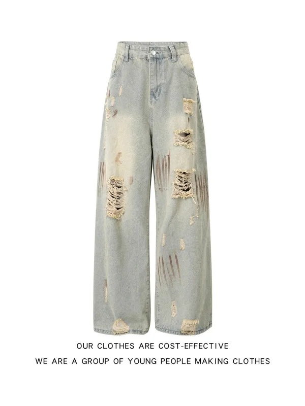 Calças Jeans Casuais Rasgadas Estilo Americano Unissex de Perna Reta, Caimento Solto, Tendência High Street, Comprimento Long...