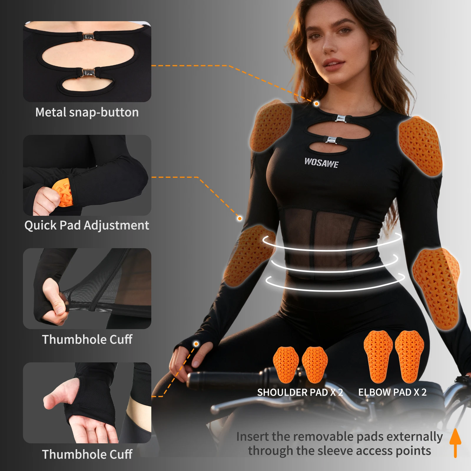 WOSAWE Women Motorcycle Shirts Removable Shoulder Elbow Pads Summer Breathable Jacket Sexy Black Mesh Jacket