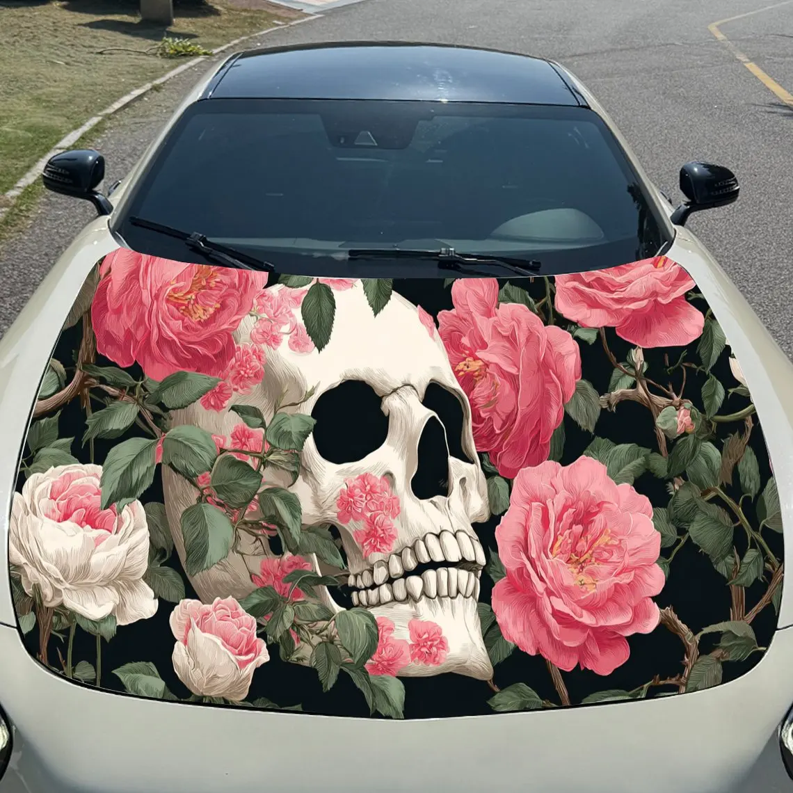 Skull Pink Flower Car Hood Sticker PVC Self Waterproof Stick Striking Auto Exterior Accessories Decor Protect Gift for Car Lover