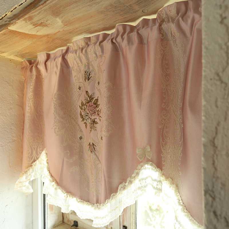 Half Window Tier Curtains Rod Pocket Kitchen Floral Embroidered Room Darkening Lace Scalloped Valance Swags for Living Room Home