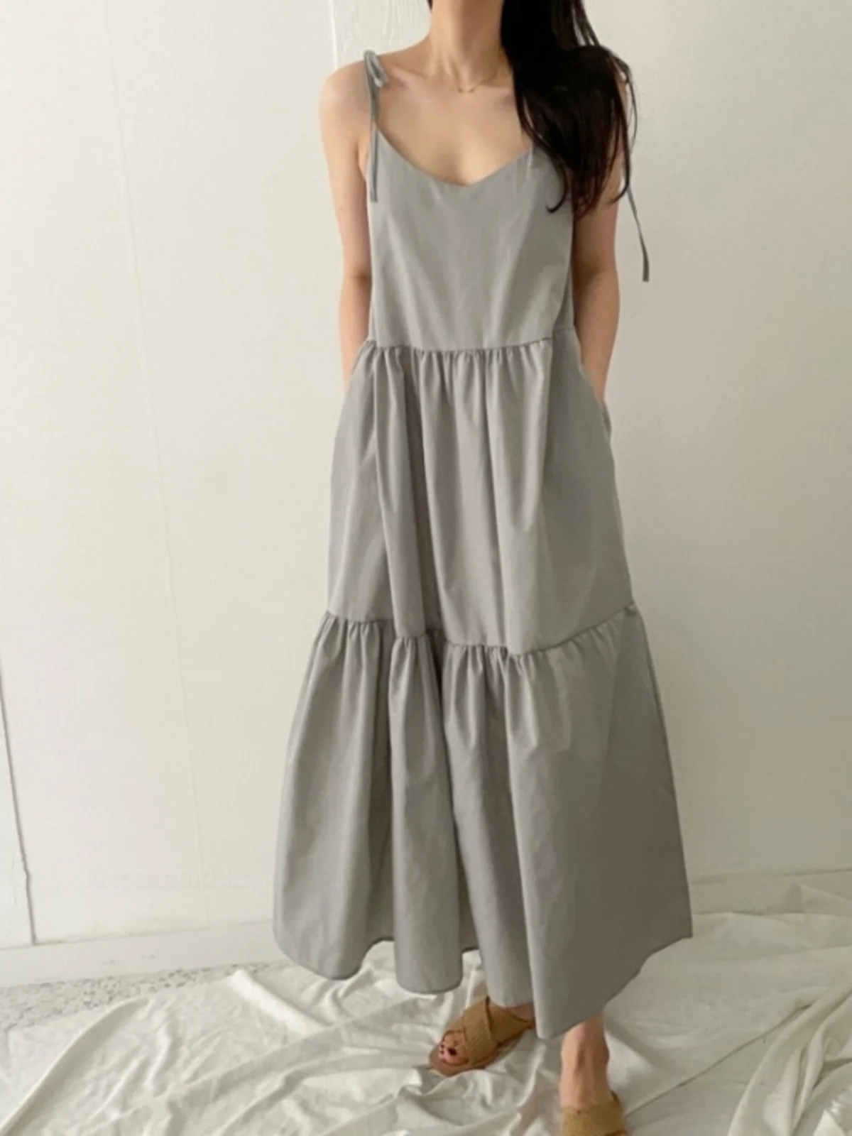 Robe longue à bretelles pour femmes, rétro, Chic, avec nœud papillon, polyvalente, taille ample, coréenne, ligne a, été