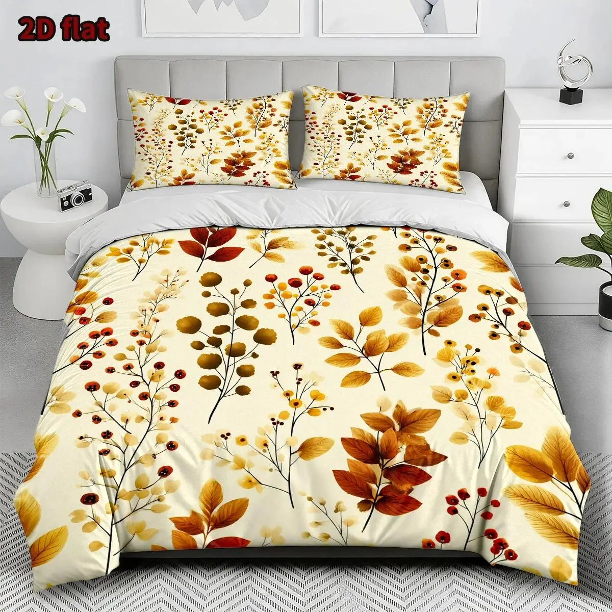 Soft Duvet Cover Set of Three, 1 Duvet Cover + 2 Pillowcases (Without Filling) 2D Flat Printed Duvet Cover Set of Three, Yellow and Black Butterfly Floral Duvet Cover Set, Autumn Leaves Theme, Watercolor Hand-Painted Style, Invisible Zipper, Large Duvet Cover Set, Bedding Set, Quilt Cover