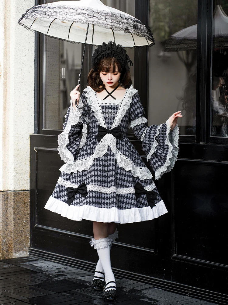 Harajuku Design originale Retro gotico Plaid collo quadrato Op Dress ricamato a maniche lunghe Lolita elegante fata principessa ragazze