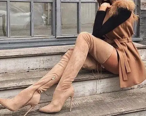 

Hot Women Apricot Suede Pointed Toe Slim Super Thin Heels Over The Knee Boots Female Street Thigh Long Boots Drop Shipping