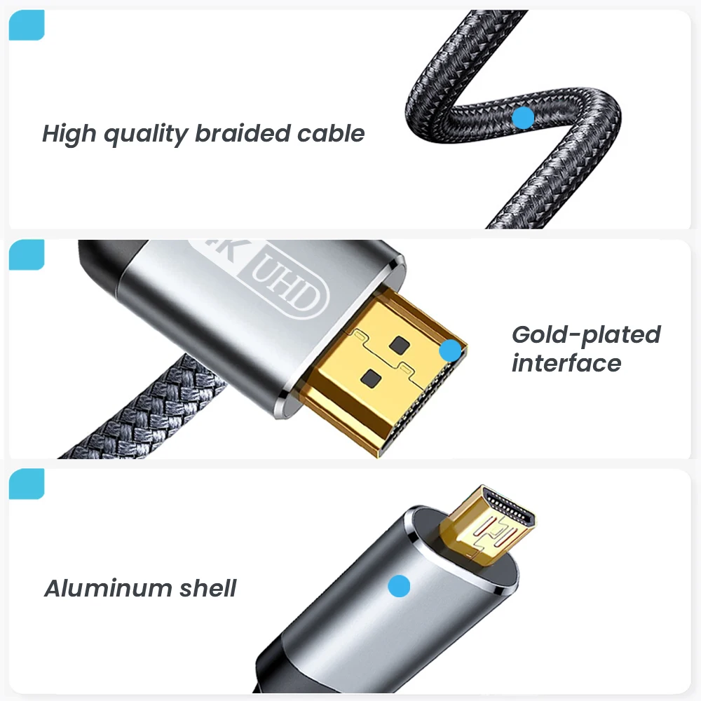 4K Micro HDMI to HDMI Cable High Speed 4K@60hz Full HDMI to Micro HDMI Adapter Compatible with GoPro Hero Sport Camera Pi 4