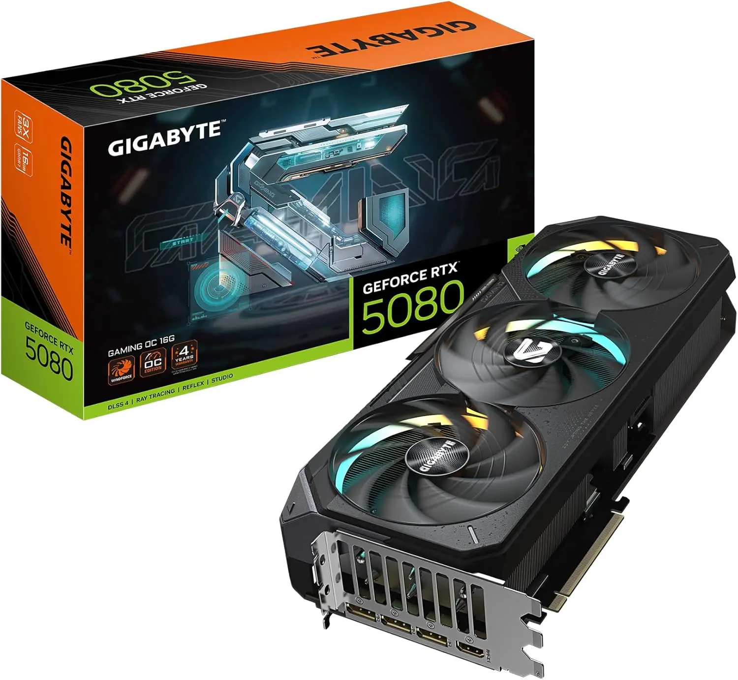 

Видеокарта GIGABYTE GeForce RTX 5080 Gaming OC 16G, система охлаждения WINDFORCE, 16 ГБ 256-бит GDDR7, GV-N5080GAMING OC-16GD