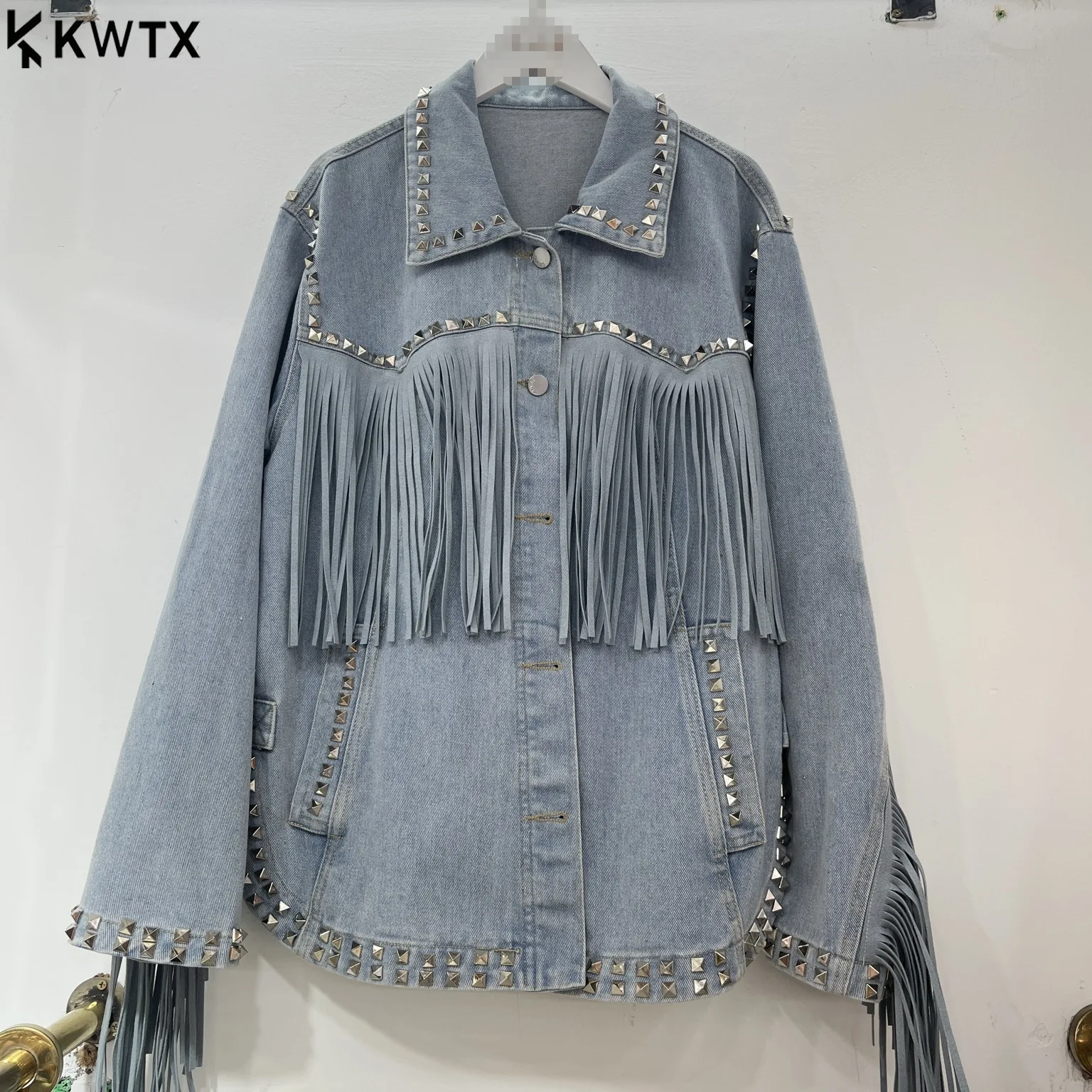 

KWTX Women’s Blue Denim Jacket New 2025 Casual Vintage Elegant Single Breasted Lapel Fringe 3D Embroidery Spring Autumn