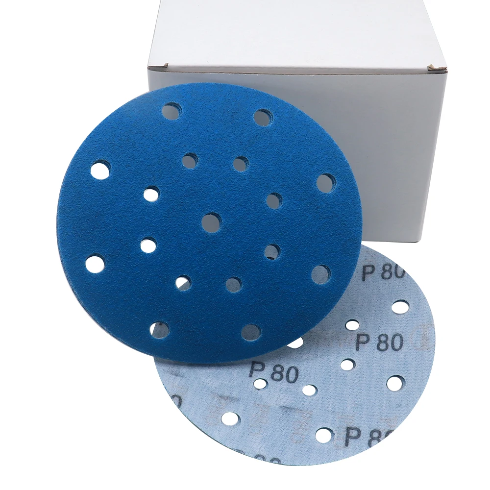 50PCS 6Inch 17Hole Blue Film-Base Sanding Discs Hook Loop P80-P400 Orbital Sander Sandpaper for Woodworking Auto Body Polishing