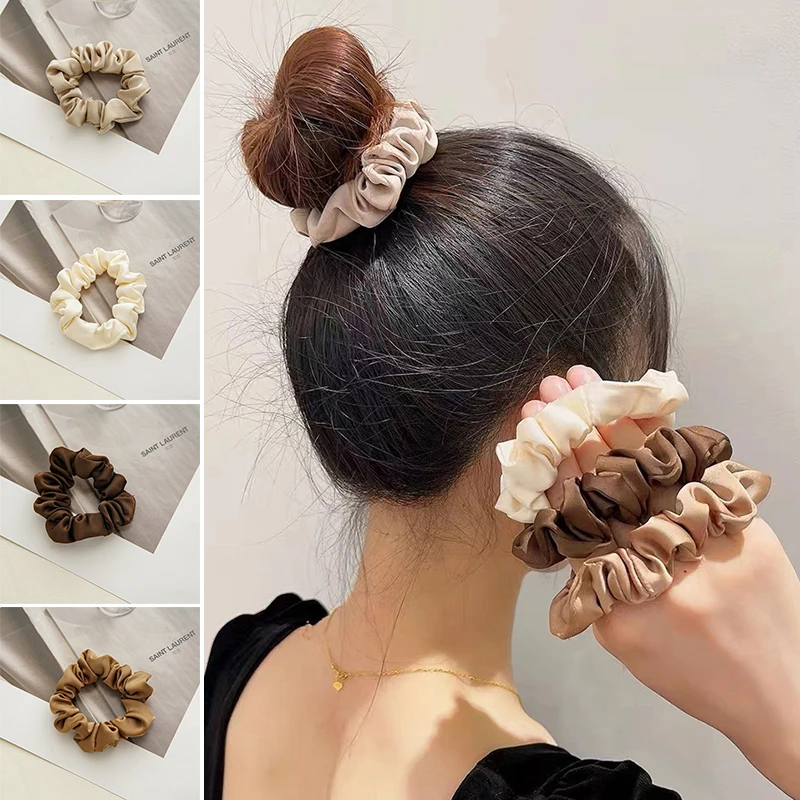 Beige Coffee Silk Hair Scrunchies Silky Satin Small Intestine Hair Ring Solid Skinny Hair Rope Soft High Elastic Hair Bands