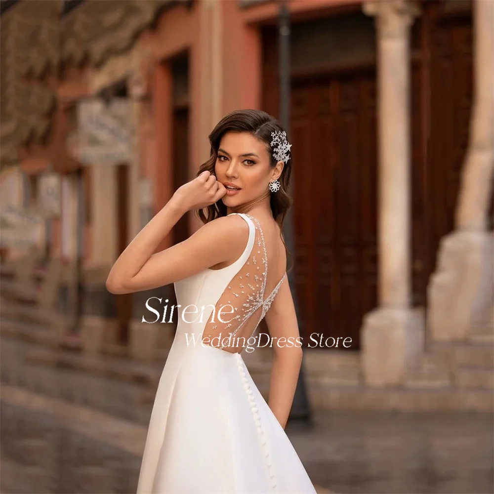 Sirene Simple White Stain Sequins Wedding Dresses Charming O Neck Strapless Back Illusion Floor Length Bridal Gowns Custom Made