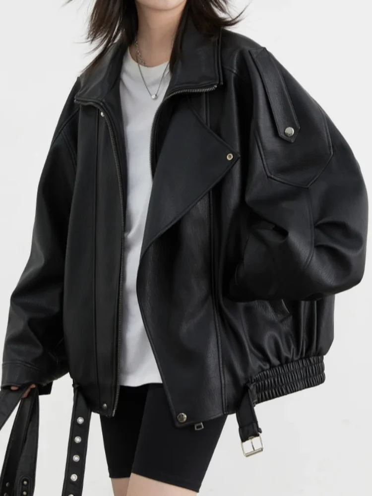 

Female PU Jacket Solid Loose New Retro Standing Collar Motorcycle Faux Leather Coat Female Top Spring Autumn Biker Style Coats