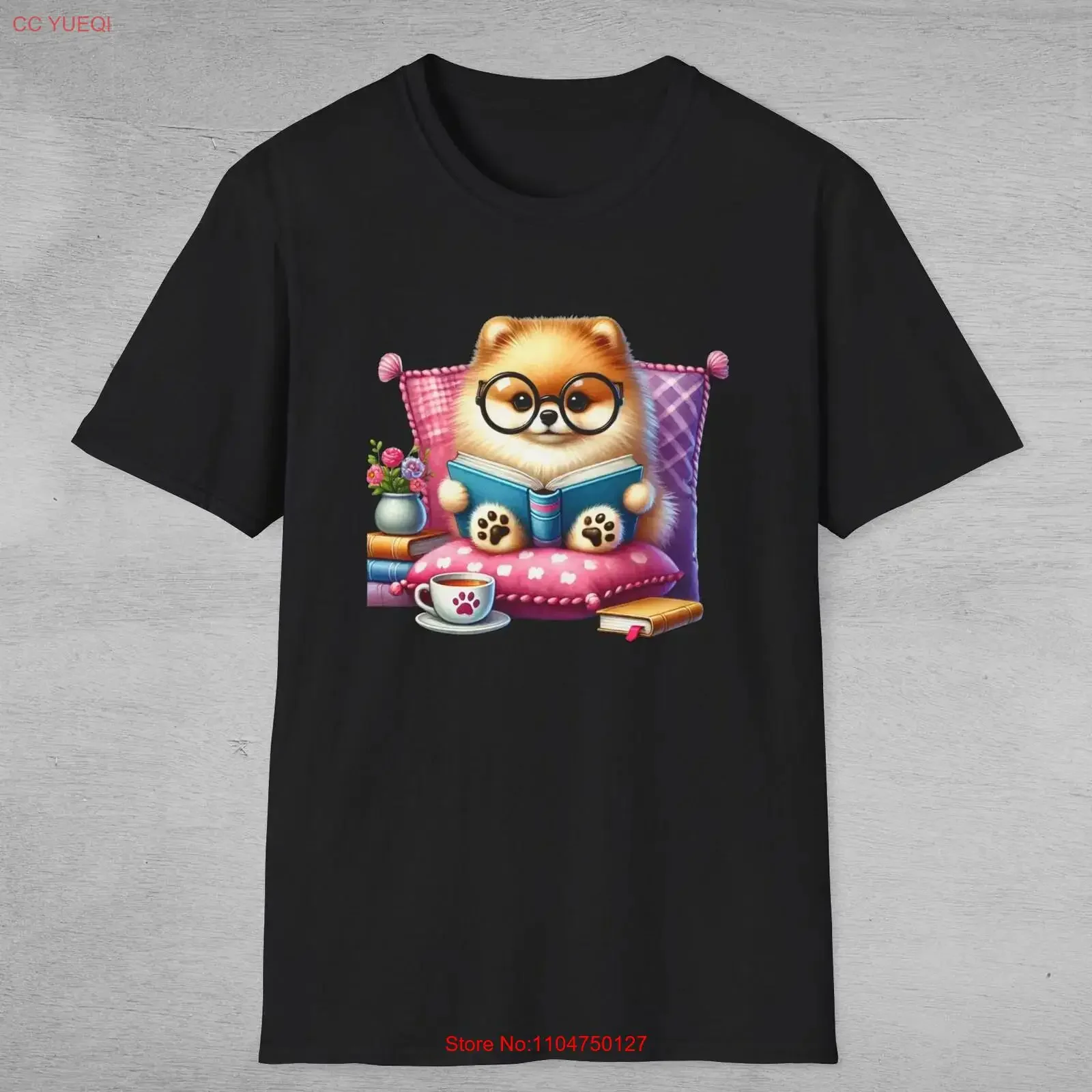 Cute Pomeranian Book T Shirt Adorable Dog Reading Fluffy Puppy for Readers Lover Pet Owner vintage Washed Comfortable graphic